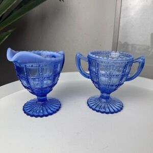 Vintage Deco Imperial Glass Beaded Block Blue Opalescent Cream & Sugar Set c1930